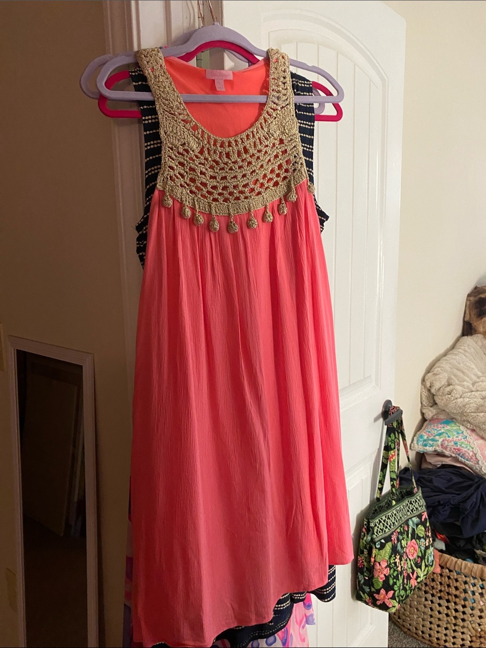 Lilly Pulitzer Coral Dress with Cream Crochet Yoke